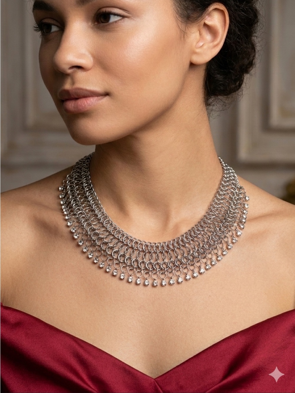 Chico’s Silver-Tone Bib Collar Rhinestone Statement Necklace 16” & 4” extender